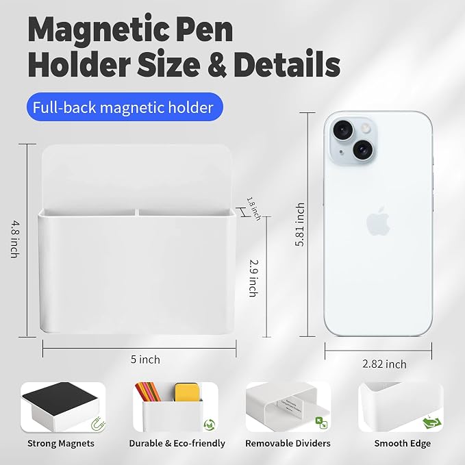 2 Pack Magnetic Pen Holder for Refrigerator & Whiteboard, Full-Back Magnet Dry Erase Marker Holder with Adjustable Divider, Magnetic Marker Holder for White Board Office Desk Locker Accessories, White