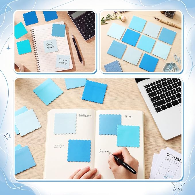 Epakh 10 Pack Scalloped Line Sticky Notes,3 x 3 Inch,Blue | 300 Sheets, Small Notes Pads, Thick Note Pads, Strong Adhesive, Back to School Office Supplies