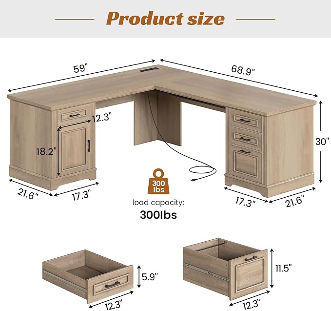 SEDETA Farmhouse 69" Executive L Shaped Desk, Corner Computer Desk with Storage Drawers and Power Outlet, Home Office Desk with File Drawer for Home Office, Oak