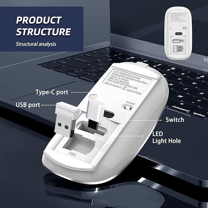 Wireless Mouse Chargeable Portable Silent USB-A and Type-C Dual Mode 3 Adjustable DPI for Laptop, PC (Q23S Black) (White)