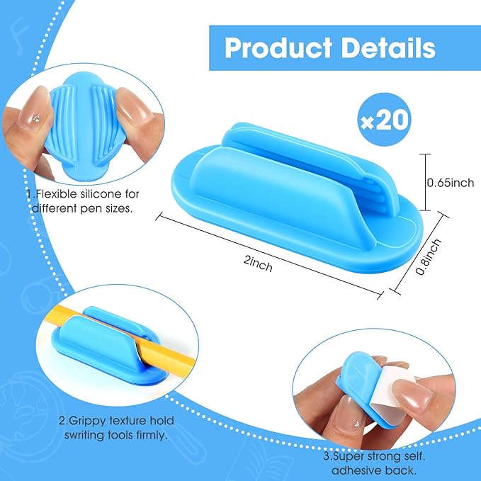 20 PCS Adhesive Pencil Holders, Silicone Marker Organizer for Desk, Notebook, Wall or Clipboard, Reusable Teacher Supplies for Classroom, Office, School Accessories (Blue)