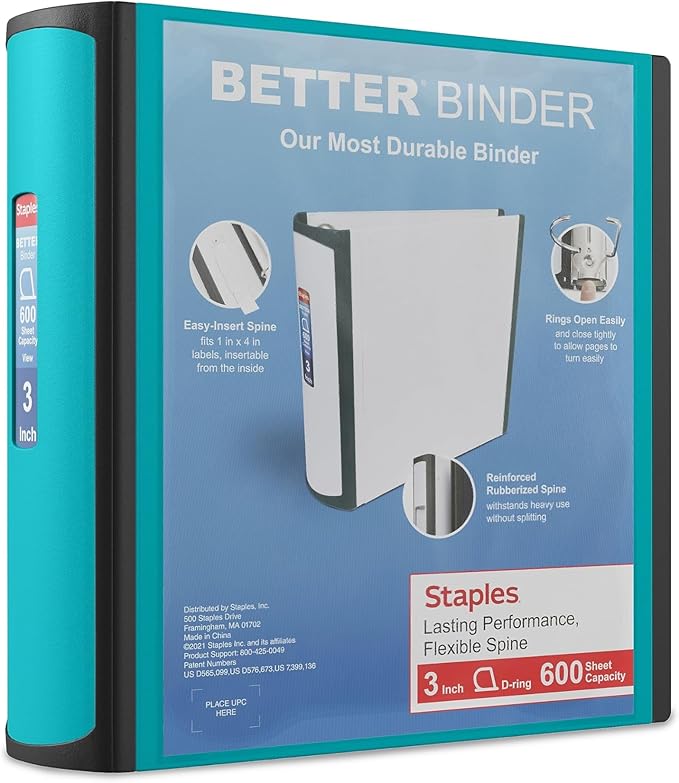 Staples Heavy-Duty 3-Inch D-Ring Binder, Teal – Large Capacity 3-Ring Binder with Pockets, Holds Up to 600 Sheets