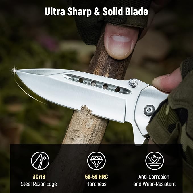 Pocket Knife for Men - Sharp Blade Wood Handle Pocket Folding Knives with Clip, Glass Breaker - EDC Knives for Survival Camping Hunting Fishing Hiking Women, Large, Silver