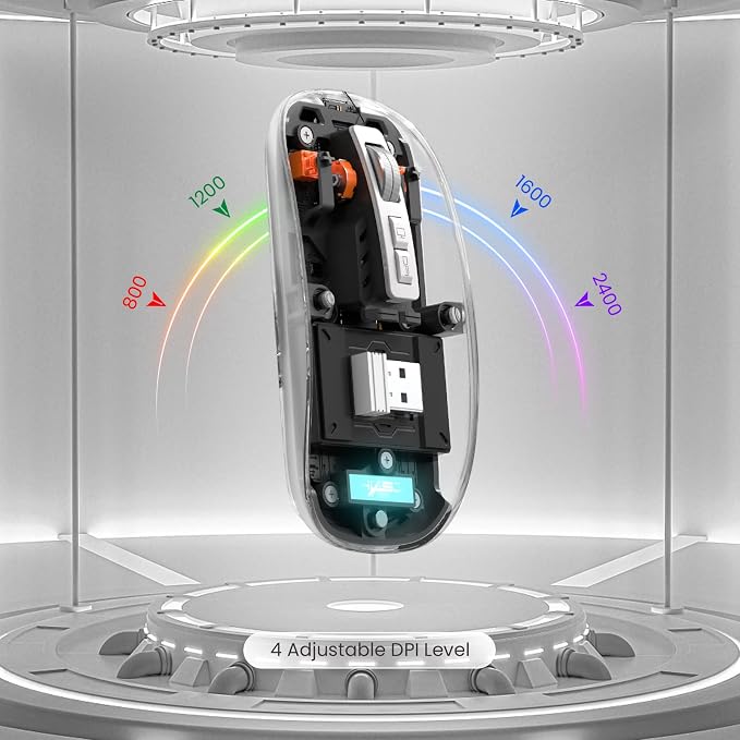 AJAZZ Wireless Bluetooth5.1&2.4G Mini Lightweight Mouse,Transparent Clear Cool,Rechargeable Silent Computer Mice,Nano USB C Receiver,LED Battery Magic Silm for Office/PC/Mac/Laptop/Apple/ipad(Black)