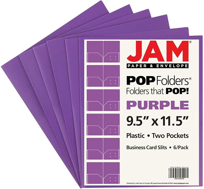 JAM PAPER Plastic 2 Pocket POP Folders - Durable School Folders - Purple - 6/Pack