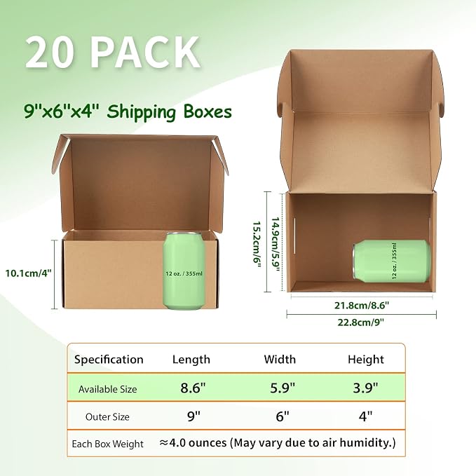 9x6x4 Shipping Boxes Set of 20, Brown Corrugated Cardboard Literature Mailer Box for Packaging, Mailing, Business