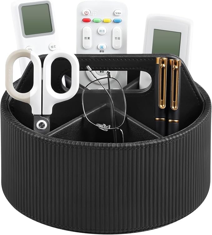 Round Desk Organizer Caddy Caddy Organizer Remote Control Holder | 6 Compartments, Portable Handle, Soft Lining, Aesthetic Stripes, Waterproof And Stain-Resistant