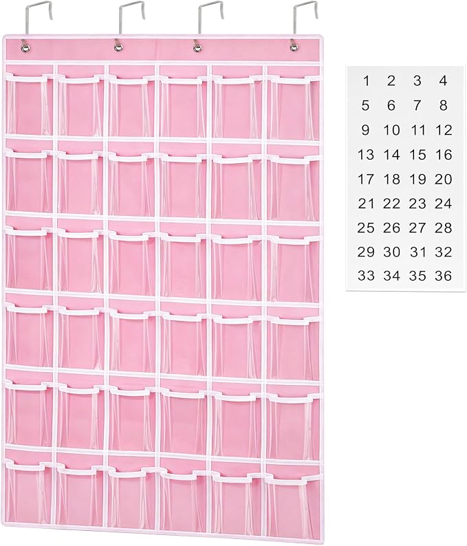 Loghot 36 Clear Pockets Classroom Pocket Charts for Cell Phone Holder | Phone Pocket with 36 Numbered Stickers & 4 Metal Hooks, Wall Door Mount Multi-Purpose Hanging Pocket Organizer for Classroom