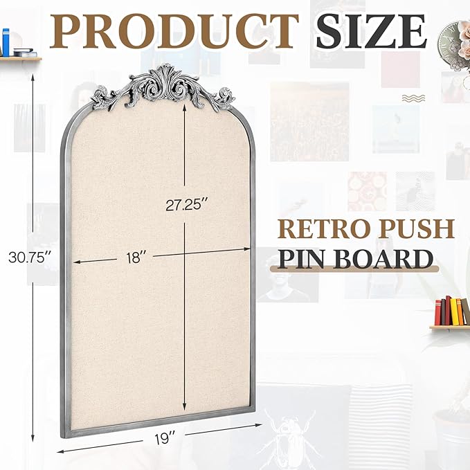 Vintage Framed Pin Board Linen Display Bulletin Board Large Ornate Fabric Picture Photo Pinboard Memo Decorative Prayer Pinboard Ornate for Wall Gift(Arch,19" X 31",Silver)