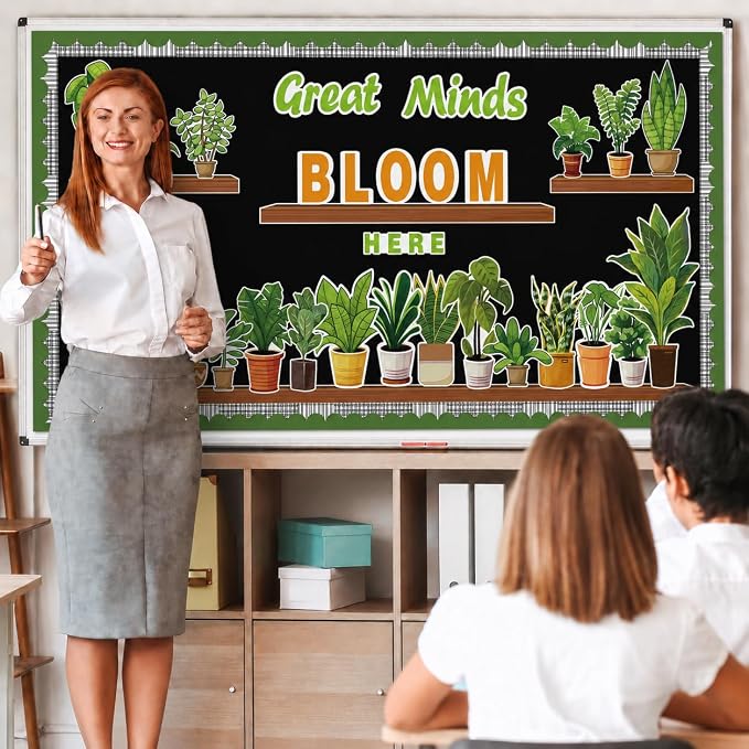 Greenery Bulletin Board Set Summer Bulletin Board Decorations Potted Plant Motivational Cutouts with Great Minds Bloom Here – Classroom Decor for Classroom Window Wall Home Office School Party Decor