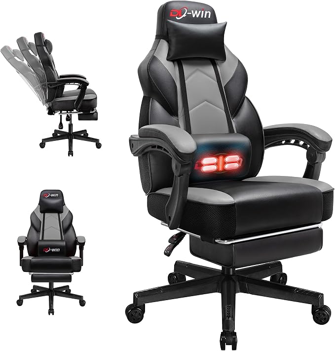 Gaming Chairs for Adults, Computer Chair with Footrest and High Back, Big and Tall Gamer Chair's with Massage Lumbar Support, 360° Swivel Height Adjustable Gaming Chair, Grey