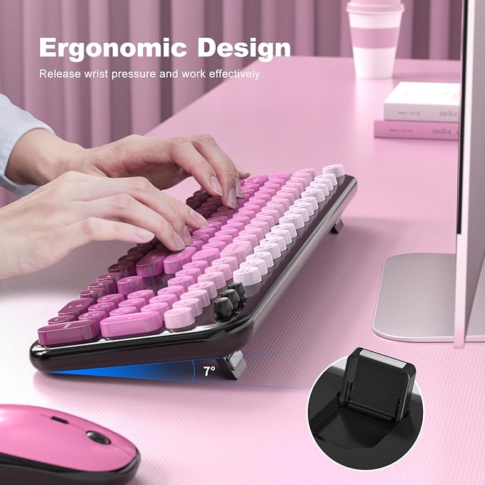 Wireless Keyboard Mouse Combo - Lovely Blackpink-Gradient Rainbow Full-Sized Typewriter Colorful Keyboards, Round Keycap Plug Play Retro Cute Keyboards for Windows, Laptop, PC, Desktop, Computer