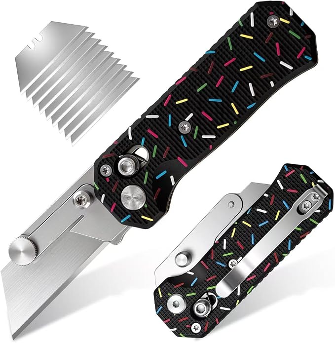 Folding Utility Knife, Pocket Knife, Box cutter Knife with Pocket & Rail Lock, Durable Razor Knife for Home Office Warehouse Everyday Carry, Gift for Men Women（Black Donuts）