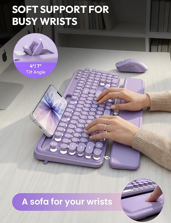 Wireless Keyboard and Mouse, Backlit Typewriter with Magnetic Wrist Rest | Phone Holder, Light Up Round Keycaps, Lighting Mouse, 2.4GHz Cordless Set for Mac, Windows, PC, Laptop, SABLUTE