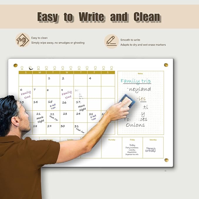 Glass 3-1 Golden Monthly Dry Erase Calendar Whiteboard for Wall,20"x 30",Frameless Mounting,Office/School/Home, Frameless Large Planner White Board
