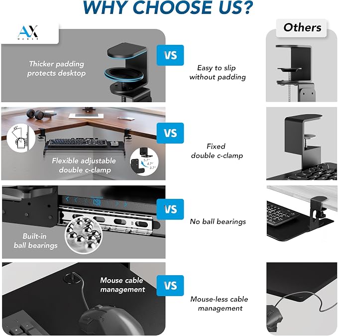 Keyboard Tray Under Desk Pull Out with 3 Height Adjustable Extra Sturdy C Clamp Mount System, 32.8 (38 inch Including Clamps) x 12 Inch Slide-Out Platform Computer Drawer for Typing