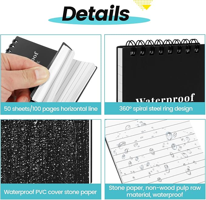 6 Pack 3x5" Waterproof Mini Notebook, Top Spiral Small Notepad for Outdoor | Pocket Notepad, Stone Paper Note Pads, All-Weather Tearproof Stain & Grease Resistant, for Camping Office Travel Work School
