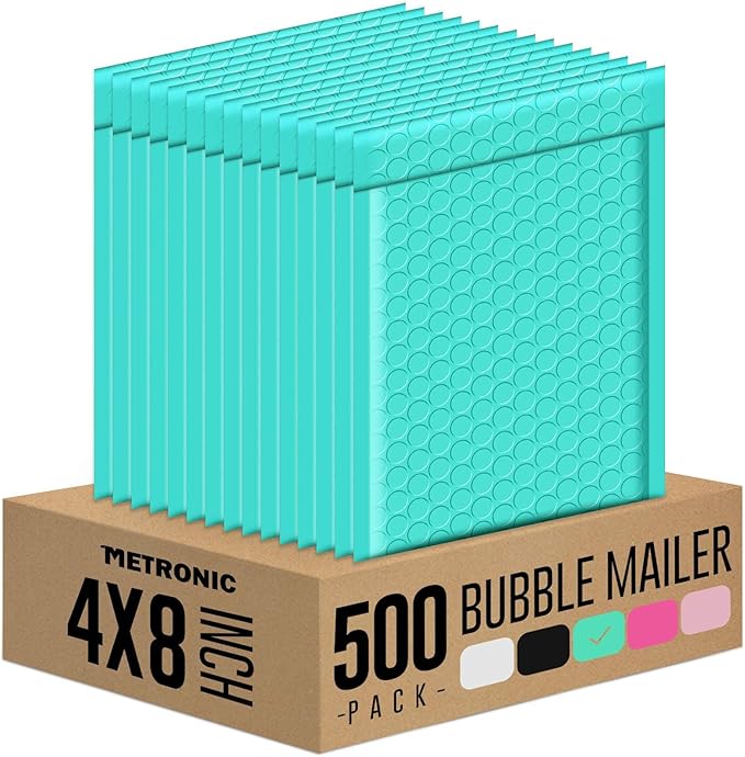 Metronic 500pc Small Bubble Mailer 4x8 Inch Teal Waterproof Padded Envelopes,Self-Seal Small Bubble Mailers Cushioning Bubble Envelopes for Shipping,Jewelry Makeup Supplies, Packaging Bulk