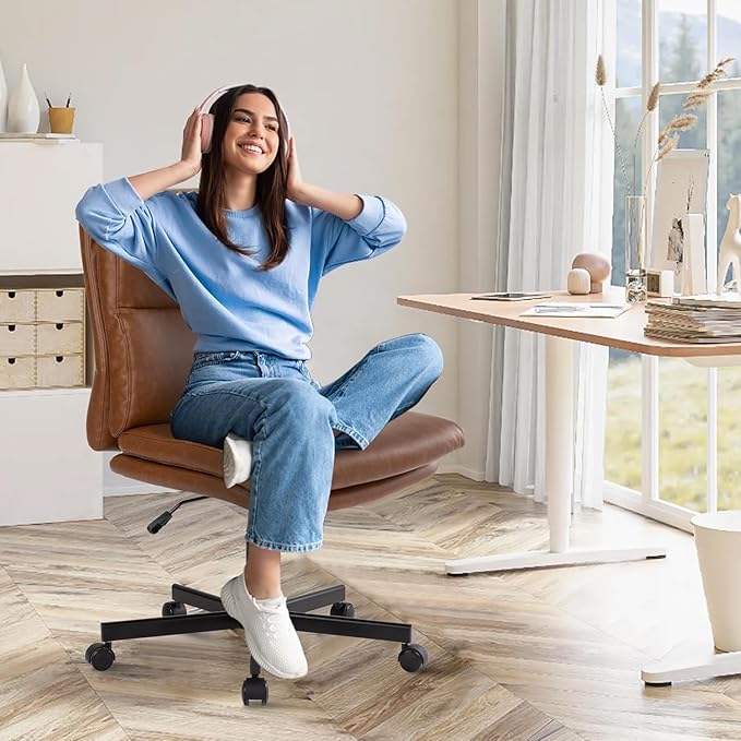 LUCKWIND Armless Office Desk Chair with Wheels, Mid-Back Criss Cross Swivel Task Chair, Height Adjustable Cushioned Vanity Chair, Double Padded PU-Leather Chairs for Home, Office & Bedroom (Brown)