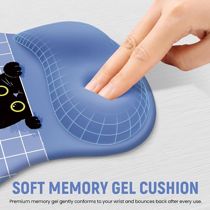 Ergonomic Mouse Pad with Wrist Rest, Gel Wrist Support, Blue Cat | 10.2 x 7.6 in Mouse Pad with Smooth Fabric Surface and Non-Slip Rubber Base for Office, Home, Study, and Gaming
