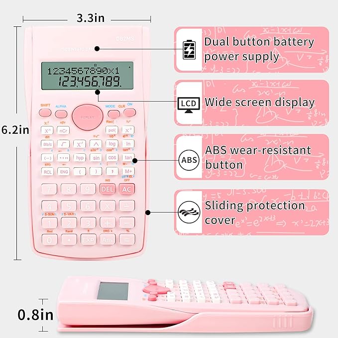 Scientific Calculator, 2 Line Cute Scientific Math Calculator Function Calculator for Students Algebra Geometry Basic Caculator for Middle and High School Students College School Supplies (Pink)