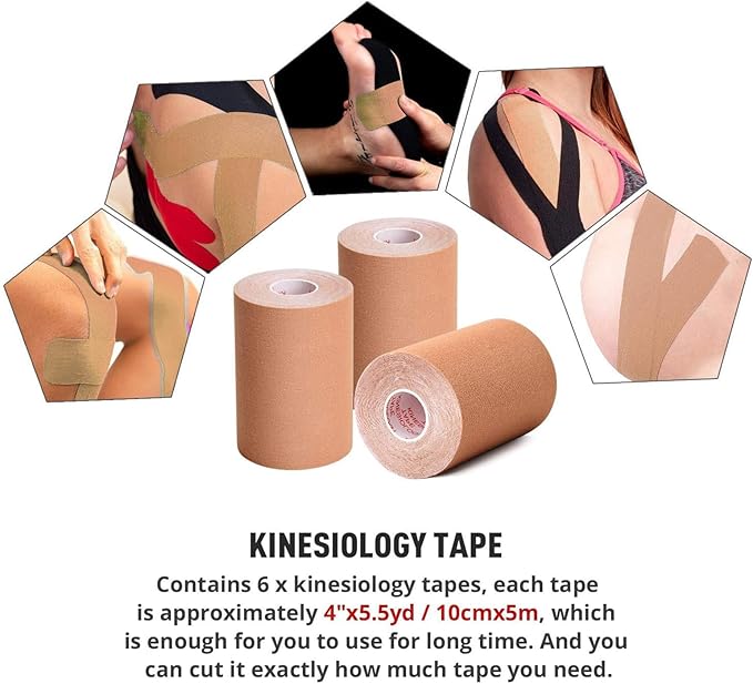3 Pack Kinesiology Tape, 4in x 5.5yd Water Resistant Muscle Support Adhesive Sport Tape for Pain Relief, Latex Free Cotton Elastic Athletic Tape for Joints, Knee, Ankle, Shoulder, Wrist