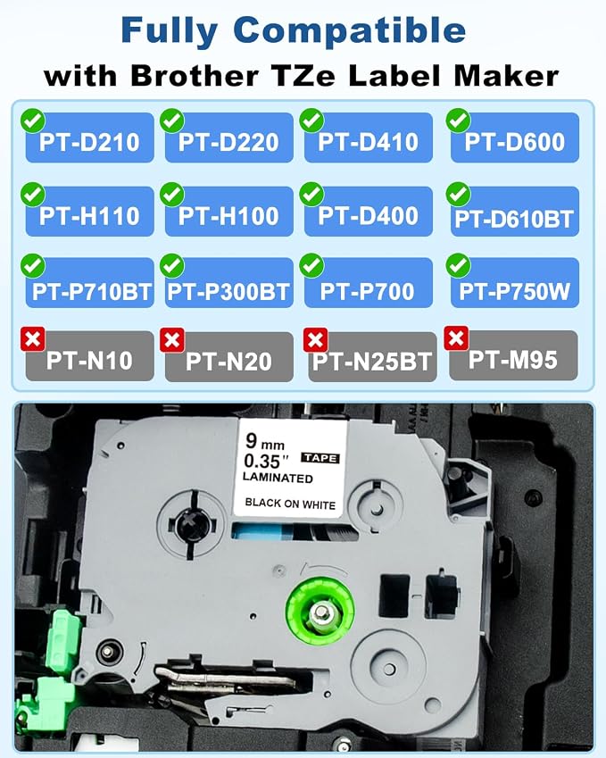Replacement for Brother P Touch Label Maker Tape 9mm 0.35 Laminated White | TZe TZ Tape TZe-221 TZe221, Compatible with Brother PT-D210 D220 H110 D410 D610BT, 3/8" x 26.2'(8m), Black on White, 6-Pack