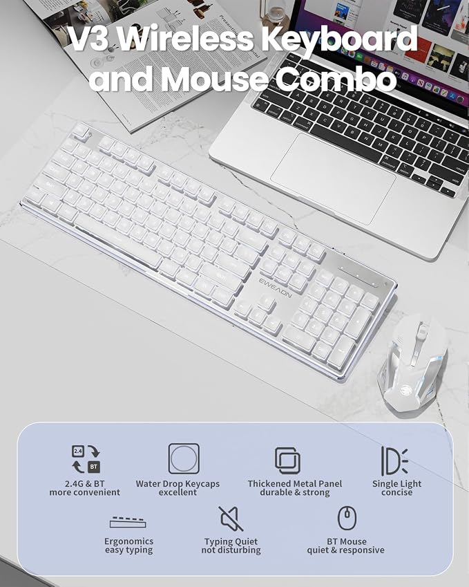 Wireless Keyboard and Mouse Combo with White Backlit Pudding Keycaps | Bluetooth & 2.4G Dual Mode, 2000mAh Rechargeable Full Size Quiet Computer Keyboard for Windows PC Desktop, White, EWEADN