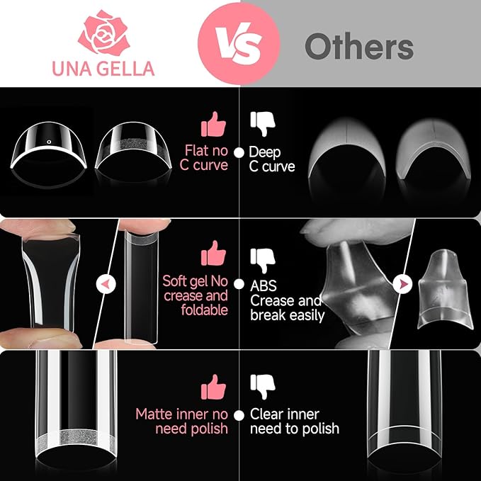 UNA GELLA No C Curve Nail Tips 504 PCS Extra Long XXL Tapered Square Nail Tips Half Cover Nails tips Straight Shape For French Acrylic Nails False Fake Clear Tips Square Shape with Box