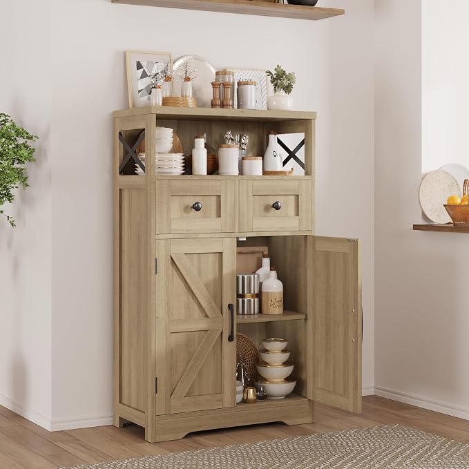 Farmhouse Accent Storage Cabinet with Drawers, Small Kitchen Pantry Cabinet | Coffee Bar Cabinet Cupboard, 2 Storage Drawers, 2 Barn Doors & Adjustable Shelves, for Kitchen/Entryway/Living Room/Bathroom