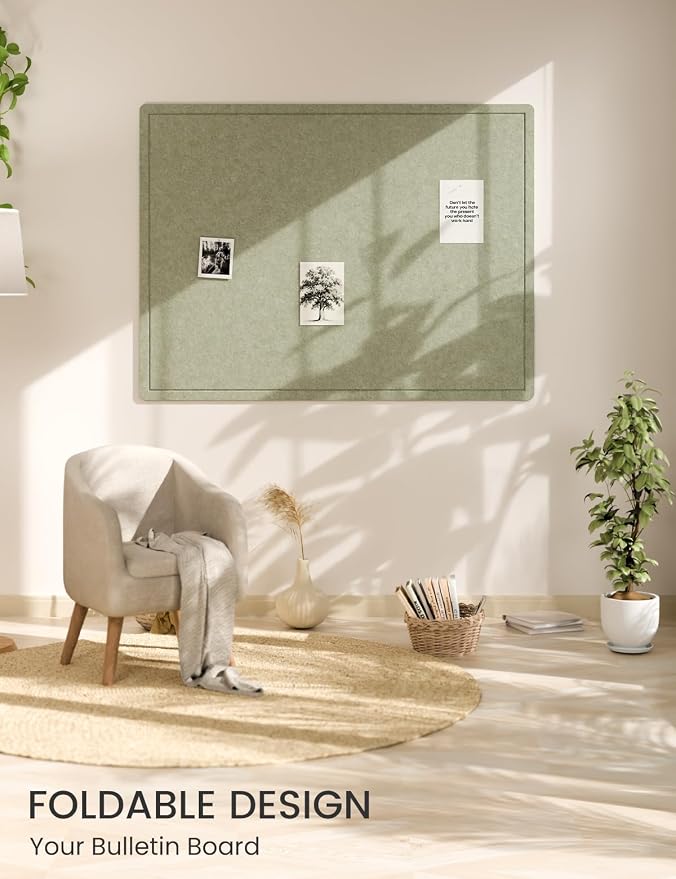 Fluxynara 47.2" x 35.4" Large Bulletin Board, Sage | Cork Board Alternative with 24 Removable Adhesive Tabs, Foldable Felt Pin Board for Home, Office, Classroom & Dorm
