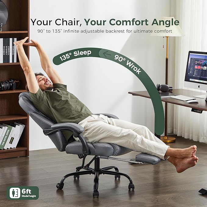 amseatec Big and Tall Office Chair with Footrest, Lumbar Support, Grey | Ergonomic Leather High Back, Infinite Lock Reclining 90°-135°, 20 Spring Packs, 300lbs Capacity, Executive Desk Chair