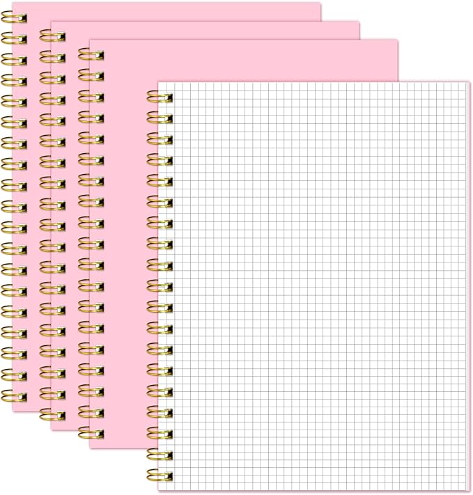 Graph Spiral Notebook-B5 Grid Journal 7.48" X 10.18",Pink Hardcover Graph Paper Notebooks 4 Pack 160 Pages 100GSM for Note Taking Engineering Graphing Work School Supplies