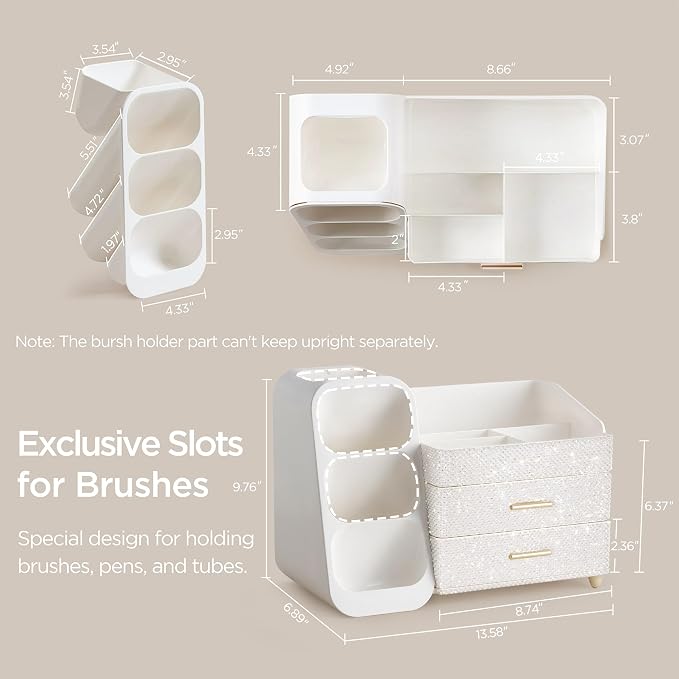 HBlife Makeup Organizer with Brush Holder for Vanity, Large Plastic Bathroom Countertop Organizer Skin Care Storage, Easy to Store Nail Polishes, Perfumes, Eyeshadow Palettes, Pearl All White