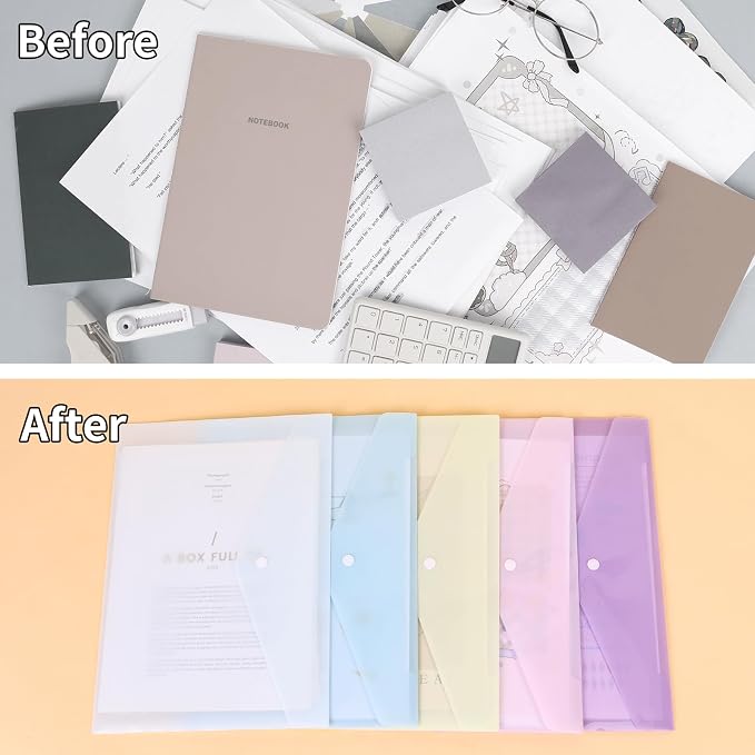 EOOUT 5pcs Plastic Envelopes Folders, Plastic Poly Folders for Documents, File Folders with Snap Closure, A4 Size, Letter Size, for School and Office Supplies