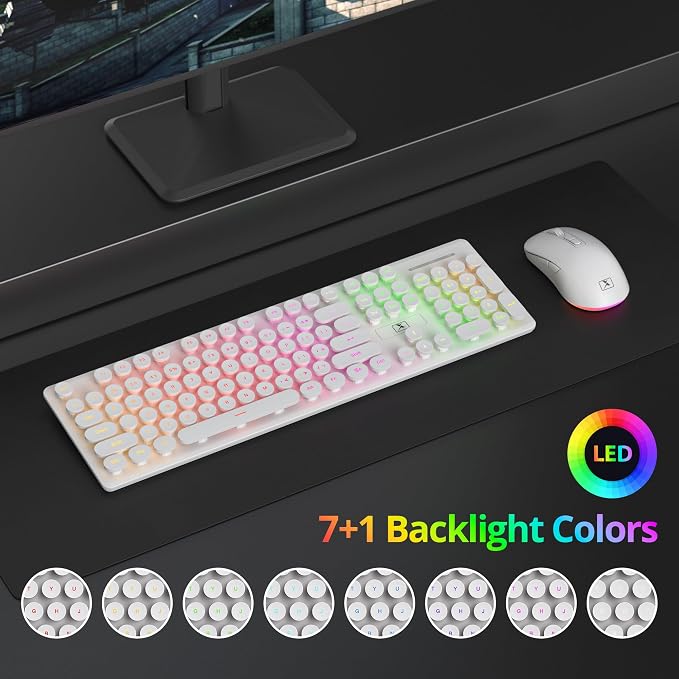 Backlit Wireless Keyboard and Mouse, 2.4GHz Light Up Typewriter Rechargeable Cordless Quiet Keyboard with USB Receiver for PC/Laptop (White)