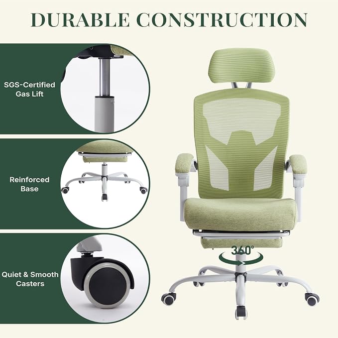 Ergonomic Office Chair with Footrest, Computer Gaming Chair | Adjustable Headrest, Lumbar Support, Swivel Reclining, Padded Armrest, Mesh High Back, Home Desk Work Study, Green