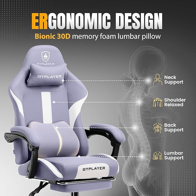 GTPLAYER Gaming Chair with Foot Rest & Pocket Spring Cushion, Breathable Fabric for Home Office Desk, Ergonomic High Back Computer Chair with Headrest & Lumbar Support, Lavender Purple