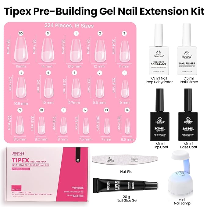 Beetles Tipex Instant Apex Nail Tips Kit with Dehydrator & Primer, Medium Coffin, 224PCS 16 Sizes, Reinforced Apex for Strong Long-Lasting Wear, 20g Solid Nail Glue, Mini UV Lamp, Base & Top Coat