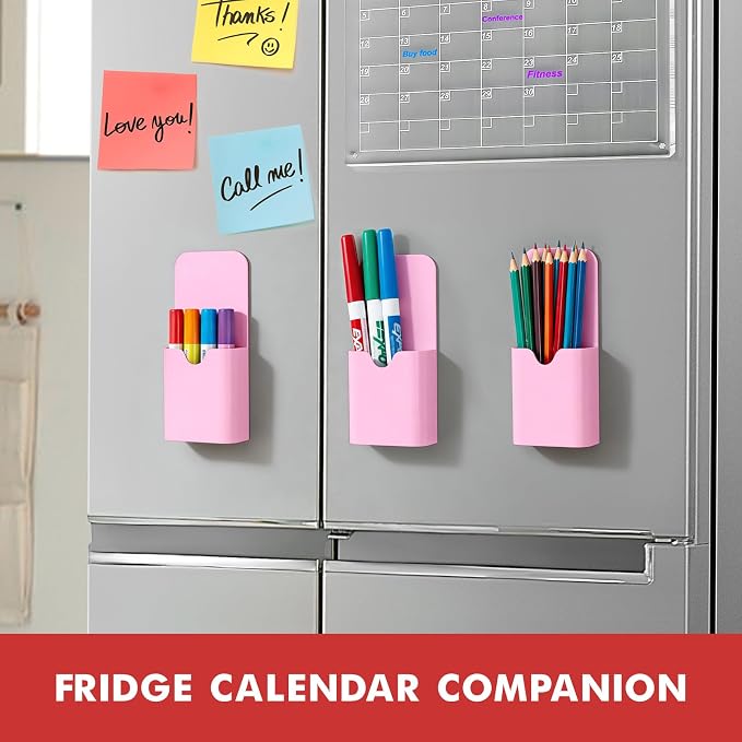 BEYGORM Magnetic Pen Holder for Refrigerator, Pencil Cup Organizer (Pink) | Upgraded 1.5mm thick magnetic backing for whiteboards, lockers & fridge; 4 Pcs dry erase marker holder for classroom & office