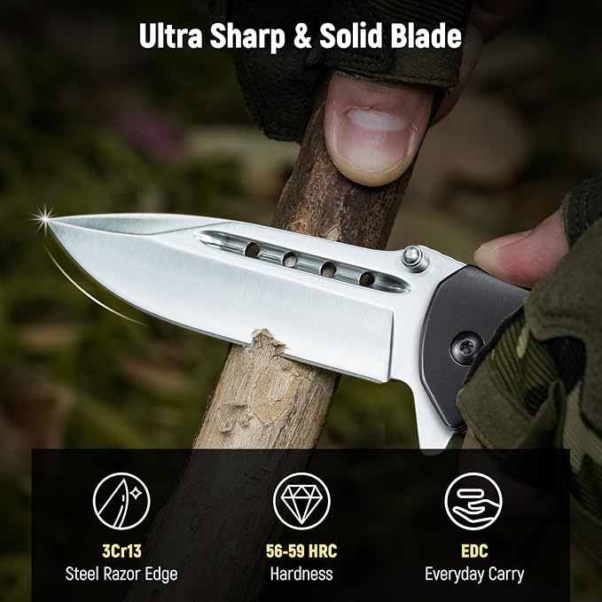 Pocket Knife for Men - Sharp Blade Wood Handle Pocket Folding Knives with Clip, Glass Breaker - EDC Knives for Survival Camping Fishing Hiking Women, Large, Black-Silver