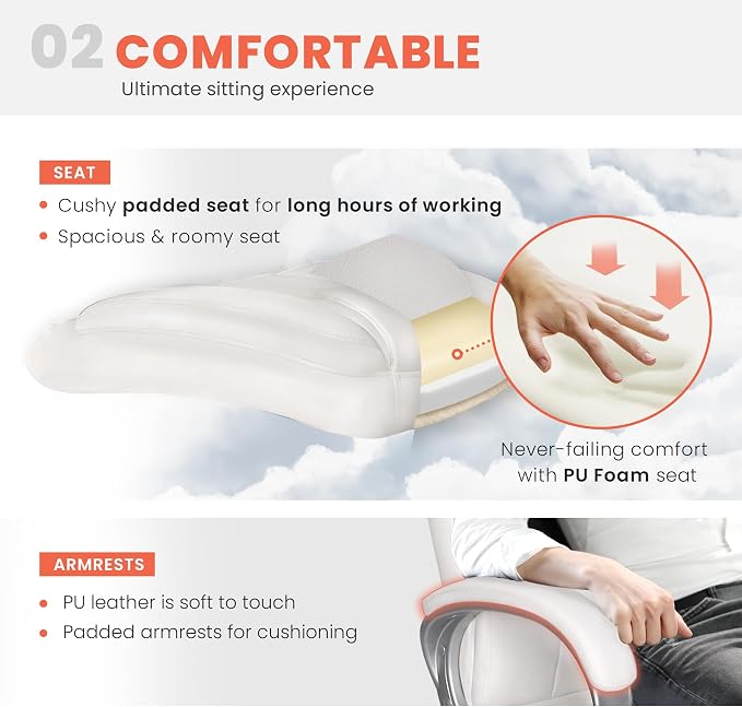 NEO CHAIR Office Desk Chair PU Leather Chair with Lumbar Support, All White | Ergonomic High Back Executive Computer Chair, Comfortable Padded Fixed Armrests Swivel Chair with Wheels for Office/Home