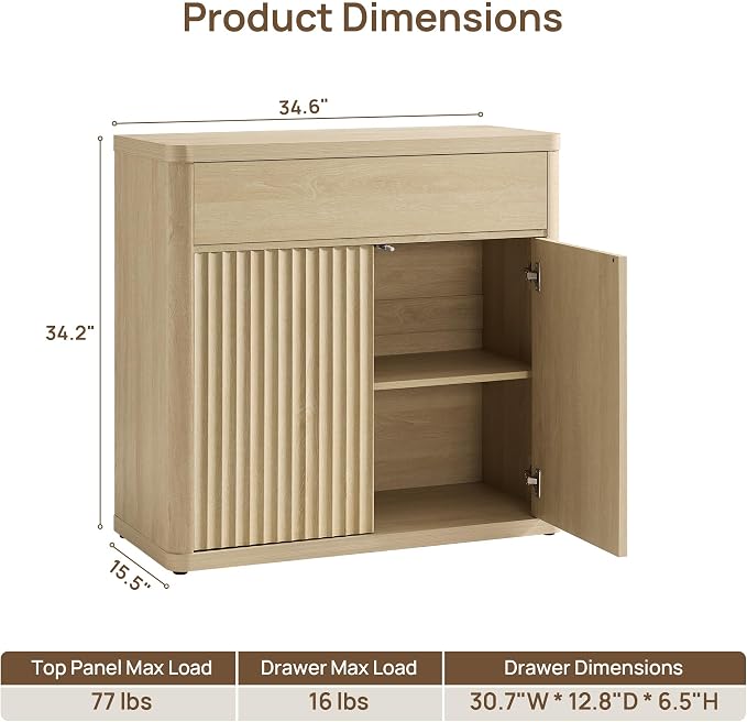 SICOTAS Buffet Cabinet with Storage - Accent Fluted Storage Cabinet with 2 Doors & 1 Drawer 34.6" Wide Modern Sideboard Credenza Large Buffet Table for Living Room Kitchen Dining Room Entryway Office