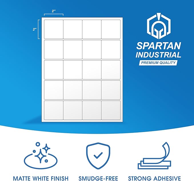 2" X 2" Square Printable Labels for Inkjet and Laser Printers - 500 Sheets, 10000 Matte White Custom Stickers for Business Logos, QR Code Stickers, Product Labeling - Spartan Industrial Template S002