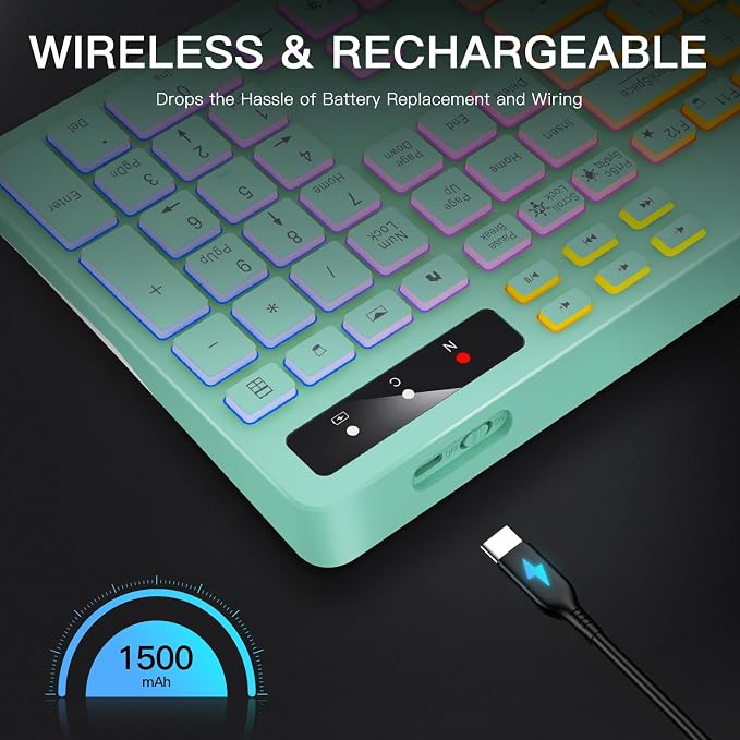 Wireless Keyboard with 7-Color RGB Backlit, Soueto Full-Size Computer Keyboard with Phone Tablet Holder, 2.4G Rechargeable Gaming Keyboard with Light Up Keys, Compatible with Mac, Windows (Mint Green)