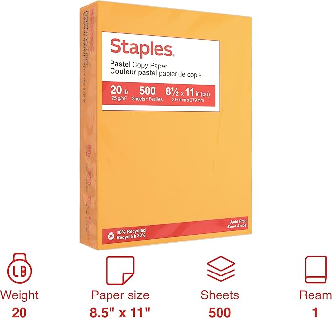 Staples Pastel Colored Copy Paper 8 1/2-Inch x 11-Inch Goldenrod Ream, For Office, School & Home
