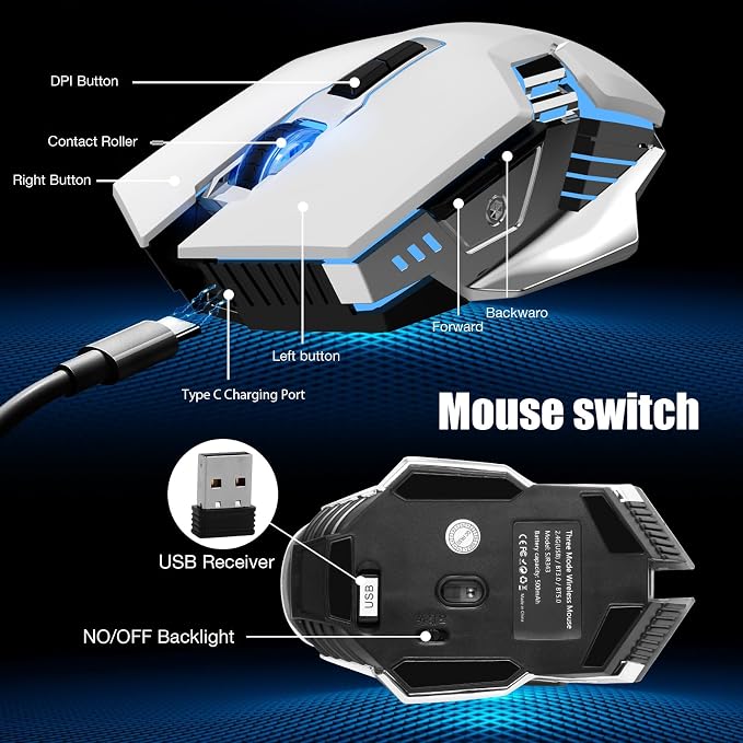 3-Mode RGB Silent Rechargeable Wireless Gaming Mouse White | BT5.0/BT3.0+2.4G connection, RGB backlight & quiet click, for gaming office, compatible with Laptop, PC, Mac, iPad & Tablet