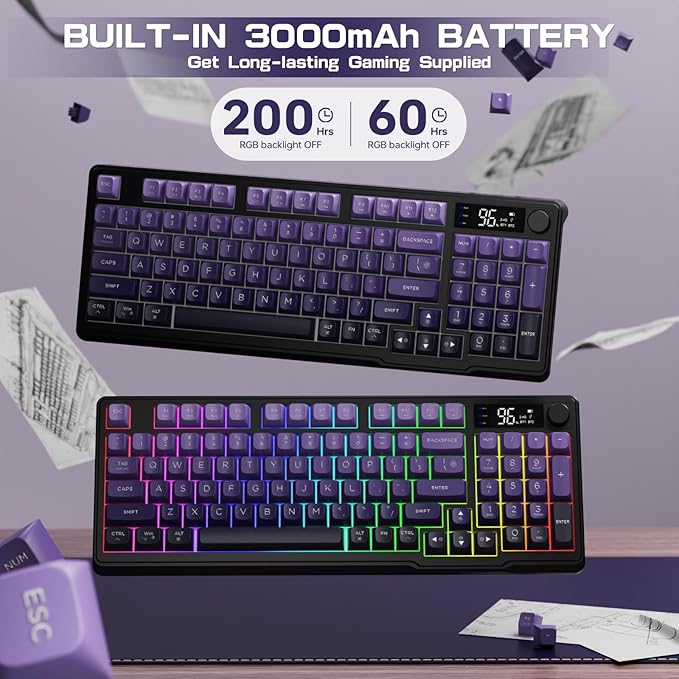 LexonElec M96 Wireless Keyboard, Low Profile Quiet Typing Membrane Gaming Keyboard with Smart Display & Knob, RGB Backlit, USB C Rechargeable, 94 Keys PBT Keycap for Windows PC,Mac,Linux-Grape Purple