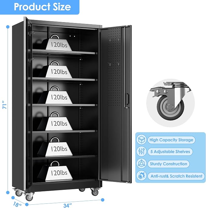 Black Metal Garage Storage Cabinet with Wheels, 34"W x 18"D x 71"H | 5 adjustable shelves hold up to 170 lb each; 4 lockable casters and lockable doors organize tools and supplies.