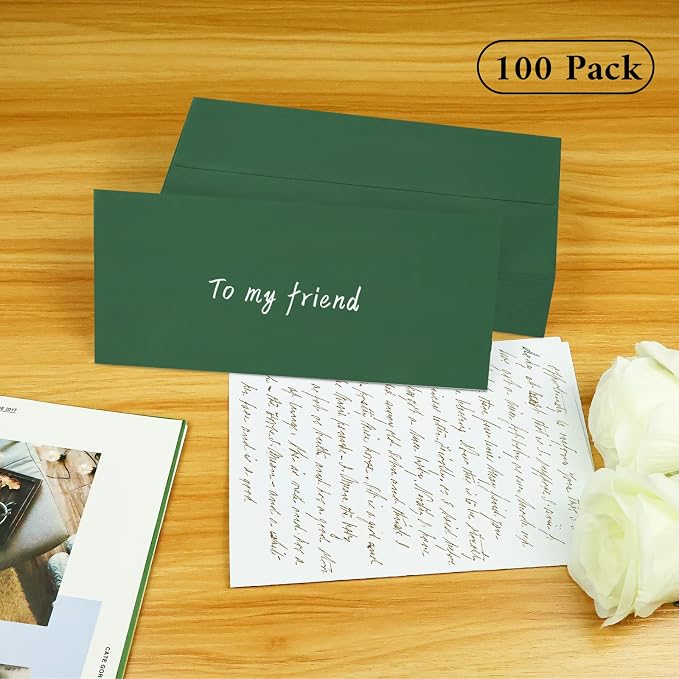 100 Pack Dark Green #10 Business Envelopes, Christmas Standard Envelopes Self Seal, Letter Size Mailing Envelopes for Checks Letters Invoices Birthday Party Graduation Wedding, 4 1/8 x 9 1/2 Inch